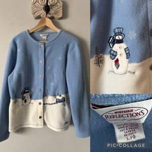 Vintage 90s Northern Reflections Blue Snowman snowflakes Fleece Cardigan Large
